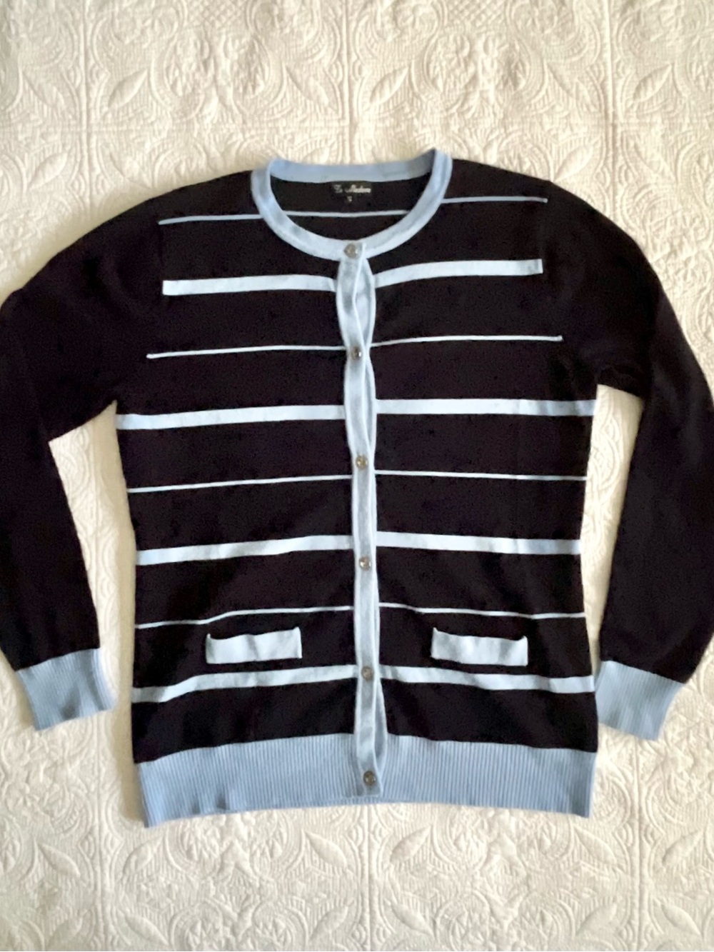 Button Up Striped Cardigan Navy Blue with Light Blue Stripes - La Madona